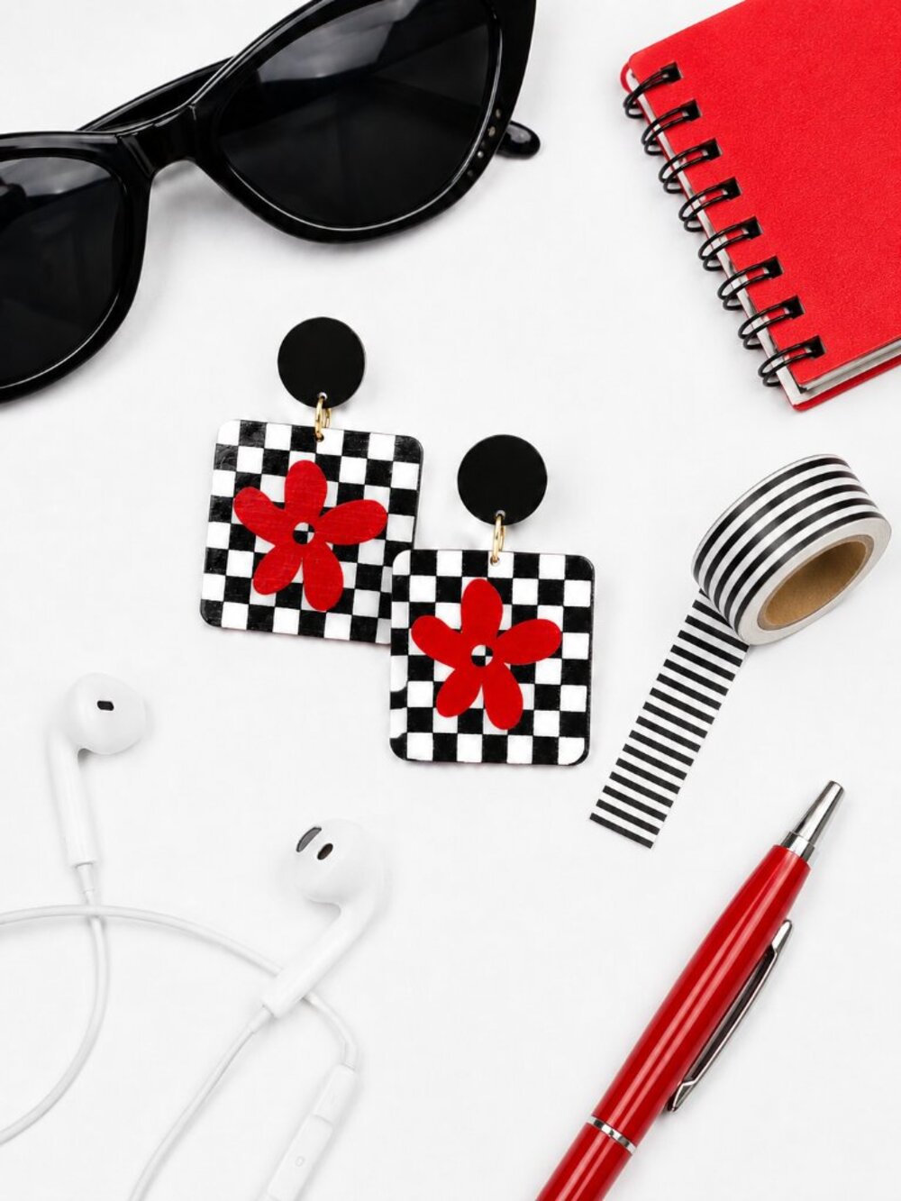 Retro Mod Checkerboard Flower Earrings Black White Red Kitschy Graphic Dangle - Picture 3 of 3